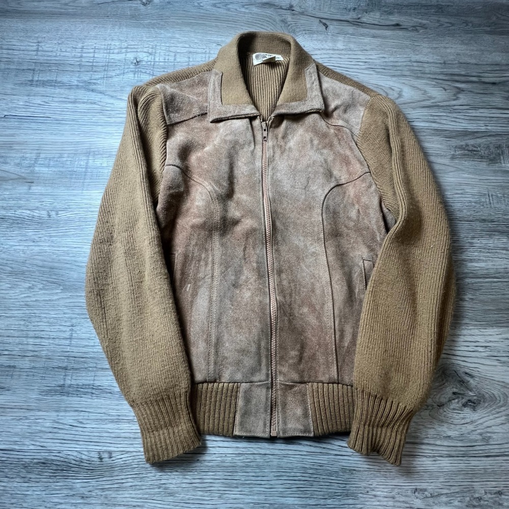 Silton Suede Knit Jacket Mens XL Tan Vintage Full Zip Leather Mixed Media R30